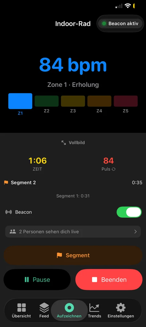 Live-Aufzeichnung mit Puls und Herzfrequenzzonen
